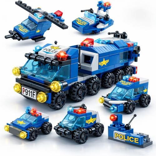 Liviam Toys Set di Costruzione per Bambini 6 in 1, Auto della Polizia Cittadina con Minifigure e Macchinina Giocattolo, 147 Pezzi, per Bambini dai 5 Anni in Su, Idea Regalo