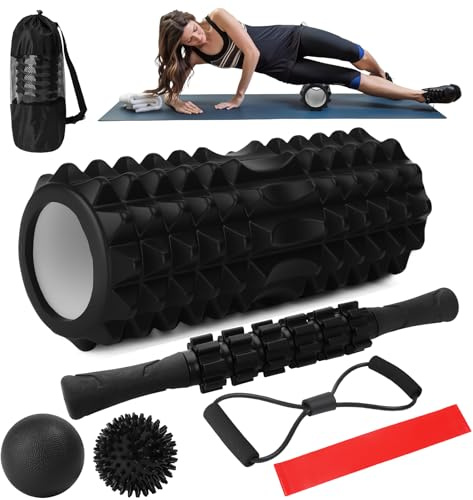 JOTOL Foam Roller,7 in 1 Rullo Massaggio Muscolare Set,Rullo in Schiuma,Pallina Massaggiante,Bastone Massaggio,Tenditore,Bande di Resistenza per Stretching Yoga Pilates Rilascio Miofasciale