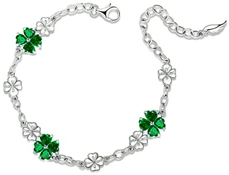 JIANGXIN 925 Sterling Silver Birthstone Chain Link Bracelet for Women Girl Lucky Four leaf clover Gemstone Created Emerald Fine Jewellery Good Luck Shamrock Birthday Gift