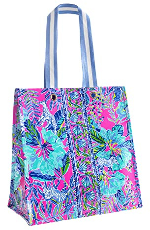 Lilly Pulitzer Market Shopper Bag, Reusable Grocery Tote, Shoulder Bag for Produce or Travel, Lil Earned Stripes