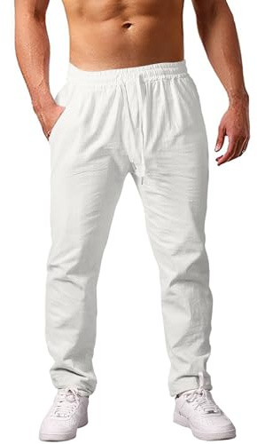 Heekpek Pantalones de Lino para Hombre - Cómodos y Ligeros Pantalón Casual de Verano Con Cordón