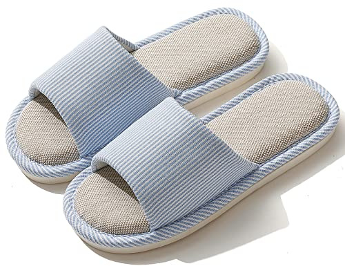 JIJIe Slippers for Women Men Linen Slippers Open Toe House Shoes Summer Sandals for Indoor Outdoor Bedroom (Light Blue 38/39)