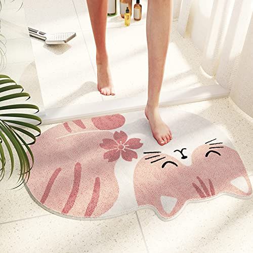 Badezimmerteppich Rosa Katze Badematte rutschfest,Weiche Badteppich,Badvorleger Duschvorleger,Teppich Badezimmer Waschbar,Bad Teppich Flauschig 50×80cm