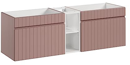 Meuble de lavabo double 140 cm Iconic Rose, meuble de lavabo suspendu, comptoir blanc brillant, couleur rose mat (mobilier uniquement)