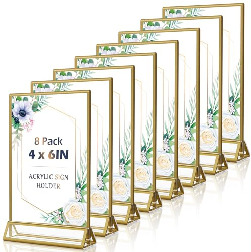 Rogeramz 4x6 Acrylic Sign Holders 8 Pack Gold Table Number Holder for Wedding Picture Frame Double Sided Table Menu Stands with Vertical Stand, Photos and Art Display