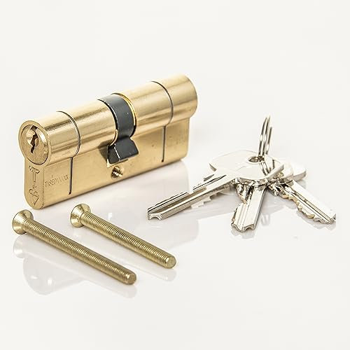 TSS Polished Brass High Security TS007 1 Star Euro Cylinder Lock, British Standard, Insurance Approved Barrel Lock and Key Sets. Supplied with 3 Keys. UPVC Door Locks. Brass (40mm x 50mm (90mm Total))