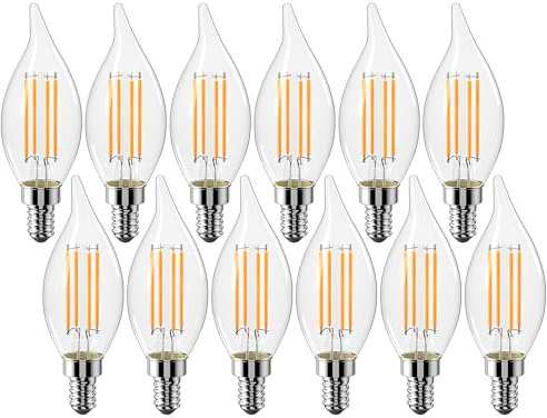 CYLYT Dimmable E12 Candelabra LED Light Bulbs 60 watt Equivalent, 2700K Warm White Chandelier Candle Bulb, 6W 650 Lumen Decorative Flame Tip Clear Bulbs, 12-Pack