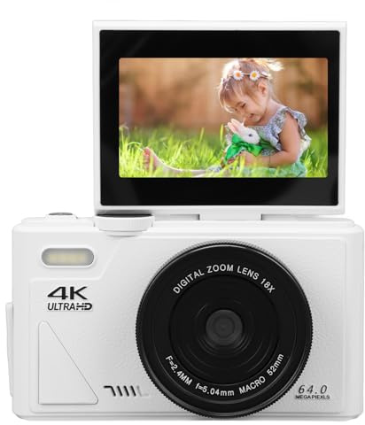 Kompaktkamera, 18x Zoom UHD 4K 3 Tums IPS Vändskärm Videopausfunktion Autofokus Retro Digitalkamera för Nybörjare för Fotografering (Vit)