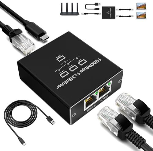 LAN Splitter 1 auf 3, RENGOGA LAN Splitter 1000Mbps Ethernet Splitter 3 Port, Gigabit RJ45 Switch Ethernet Splitter Internet Mit Type-C-Netzkabel für Computer Hub Switch Router Set-Top Box Digital TV
