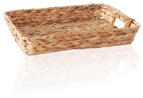 FRIHET eckiges Deko Tablett Serviertablett handgeflochten aus Wasserhyazinthe mit Henkel | Aufbewahrungskorb für Wohnzimmer, Esszimmer & Badezimmer | Küchen & Bad Organizer | Größe 2