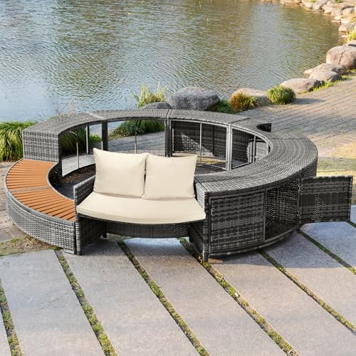 REXO Set lounge da giardino con divano rotondo, set di mobili da giardino, lounge per vasca idromassaggio e piscina, con piedini regolabili, cuscino incluso, mobili per terrazza, giardino o piscina