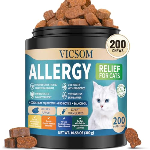 200 Natural Cat Allergy Support Chews, Itchy Skin Comfort Chews for Skin & Coat with Chicken Liver Powder Package, Salmon Oil, Colostrum for All Breeds Cat, Fish Oil for Cats - Chicken Flavor