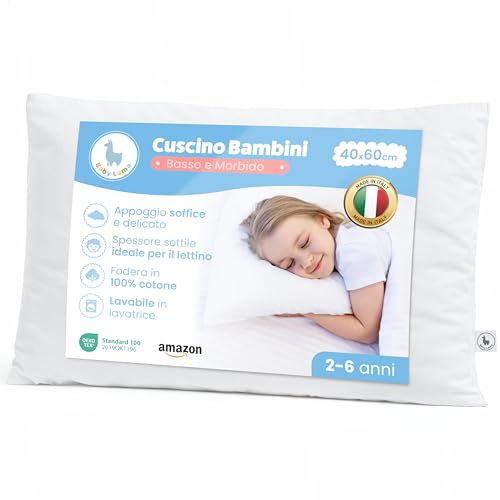 Baby Lama Cuscino Bambino 2 Anni - 6 Anni. Cuscino Lettino Bambino Basso per Dormire 40x60. Cotone 100% Oeko-Tex – Ipoallergenico, Lavabile, Antisoffoco. Made in Italy (1)