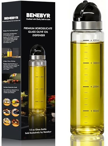 Leakproof Olive Oil Dispenser Bottle with No-Drip Spout - Shatterproof Borosilicate Glass with Dust Cover & Wide Mouth - Heat-Resistant 15oz Oil and Vinegar Cruet for Kitchen, Cooking, Salad Dressing
