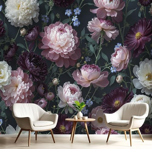 Papel Tapiz Racimo De Flores Silvestres De Peonía Murales - Estilo Barroco Mural de Pared Papel Tapiz Fotográfico para Tapiz Arte de Pared para Sala de Estar Dormitorio350x250cm Púrpura Claro