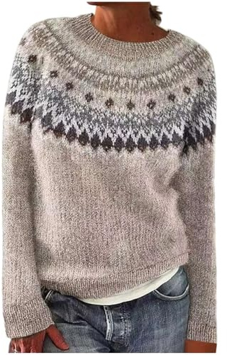 Fair Isle Jumpers for Women UK Warm Sweater Vintage Knitted Jumper Oversized Winter Pullover Long Sleeve Outfit Fluffy Ladies Christmas Cardigans Cosy Tops