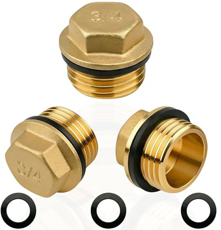 3 stycken G3/4 tum (Ø 25,7 mm) mässingsproppar, blindpluggar G3/4 tum yttre gänga, DN20, ändplugg rör ändlock med gummiring G3/4 tum AG, förslutningsplugg mässing montering gängmontering