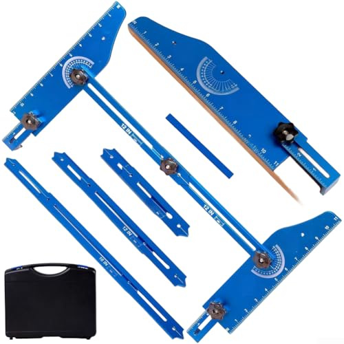 Feeshoppher Strumento di misurazione per gradini da 20 a 140 cm, regolabile, in lega di alluminio, blu e rosso, con custodia e manopole per chiave per una profondità accurata della sagoma delle scale
