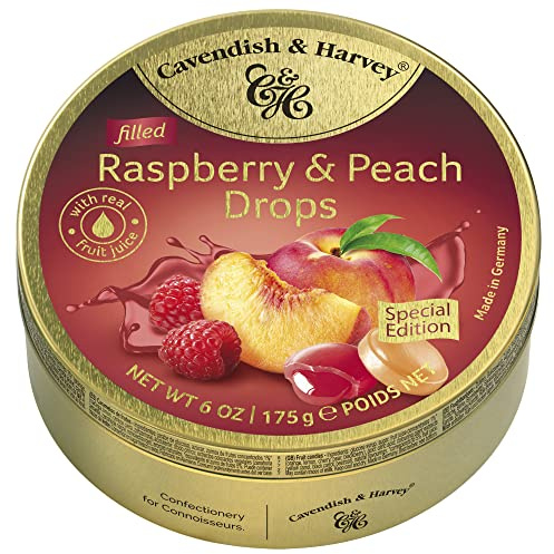 Cavendish & Harvey | Raspberry & Peach Filled Hard Candy Drops | 6 Ounce Tin