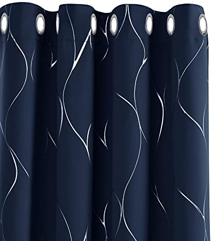 Deconovo Eyelet Blackout Curtains, Thermal Insulated Curtains, Silver Wave Line Foil Printed Curtains for Living Room, 52 x 72 Inch(Width x Length), Navy Blue, one pair