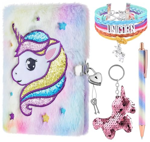 WERNNSAI Juego de Diario de Unicornio de Felpa - Diario Secreto Niña Diario con Candado Bloc de Viaje Escolar Bloc de Notas Bolígrafos Llaveros Pulseras Cerraduras Llaves