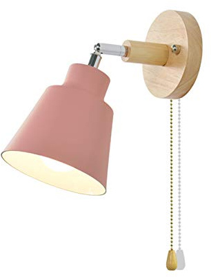 WRMING Indoor Wall Lights with Pull Cord Switch, Modern Wood Wall Lamp Rotatable, Children's Room Bedside Lights, Aluminum Wall Sconce Lamp for Bedroom, Corridor, Study Room, Kitchen, Bar, E27,Pink