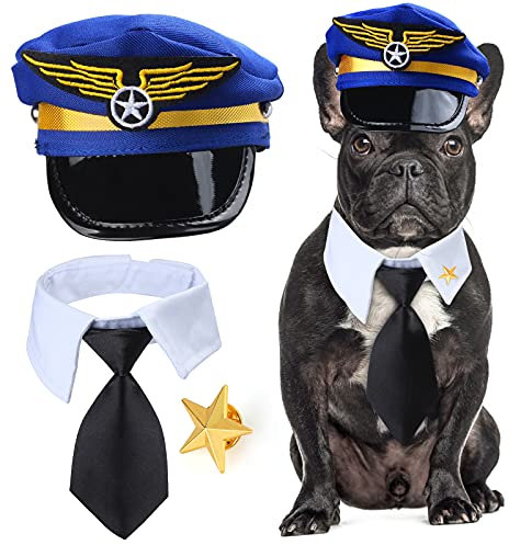 Yewong 3-teiliges Haustier-Kapitän Piloten-Kostüm-Zubehör-Set für Hunde und Katzen, Pilotenmütze, formelle Krawatte, Halsband, Zubehör für Haustier-Piloten-Kostüm, Halloween-Party (Set-A)