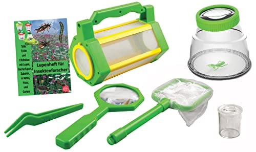 XL Insektenfang Set 5teilig Aufbewahrungsbox, Kescher, Lupe, Becherlupe und 5fach Riesen Lupendose mit Lupenheft