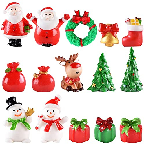 IFHDO Mini Adornos de Navidad, 15 Piezas Mini Figuras Adornos en Miniatura de Navidad Mini Adornos de Resina para Micro Paisajes para Decoraciones de Fiesta de Navidad
