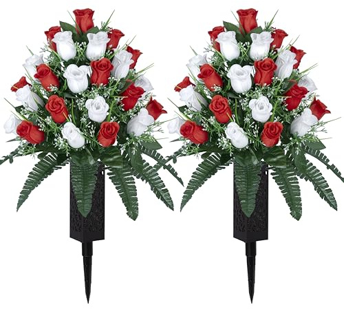 LVXINLI 2 Sets Artificial Cemetery Flowers,Outdoor Grave Decorations Roses,Beautiful Arrangements Bouquet with Cemetery Vase,Lasting and Non-Bleed Colors (White+Red)