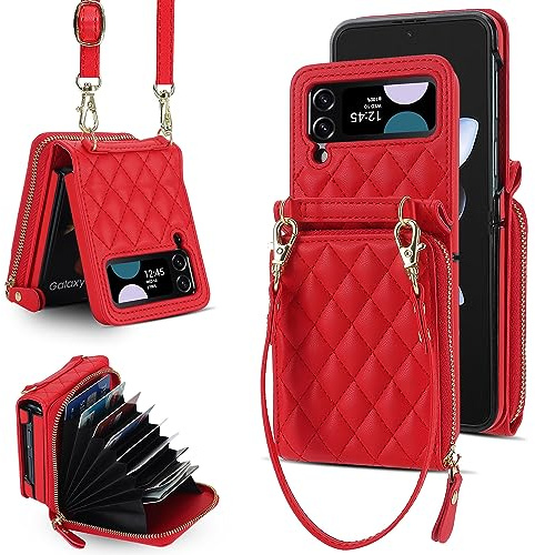 XIZYO Fermeture à Glissière Paquet de Cartes Flip PU Cuir Coque pour Samsung Galaxy Z Flip 4, avec Lanière Amovible et Réglable, Housse Filles Femmes Mignon Luxe avec Porte-Cartes, Rouge