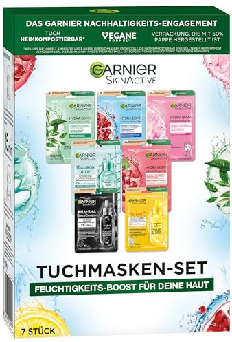 Garnier Tuchmasken Set für jeden Hauttyp, 7 Gesichtsmasken für trockene bis normale Haut, Vegane Formel mit Hyaluronsäure, Hydra Bomb und Nutri Bomb Maskenset, 7 x 28 g