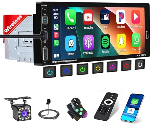 Inefala Bilradio 1 DIN skärm med trådlös Carplay och Android Auto Trådlös, 6,9 tum Bluetooth-pekskärm Autoradium med Mirror Link FM USB Type-C Mic SWC bakre kamera | Mirror Link, FM/RDS, USB Type-C, EQ, SWC, MIC, bakre kamera