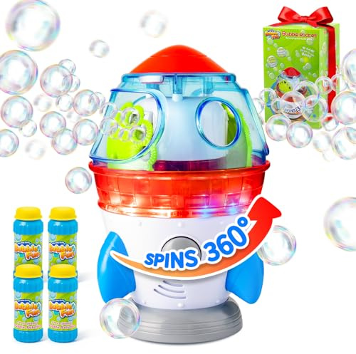 Rocket-Shaped Bubble Machine for Kids & Pets - Dual Powerful Bubble Outlets, Automatic 360° Rotation, Adjustable LED Lights & Music – Ideal for Indoor/Outdoor Birthday Parties