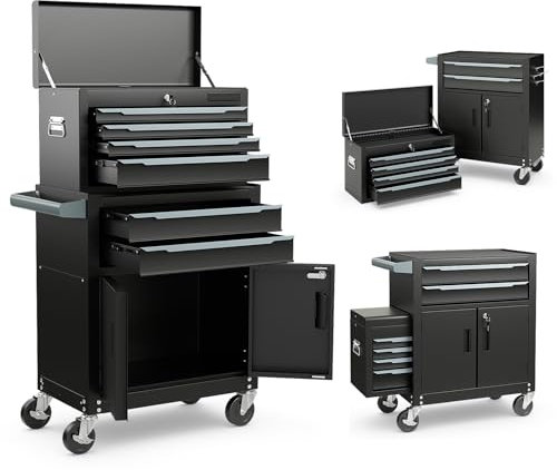 COSTWAY Large Tool Cabinet, Lockable Metal Tool Chest Combo with Detachable Top Cabinet, Wheels, 6 Drawers & Hooks, Heavy-duty Rolling Toolbox Trolley (2-in-1, Black)