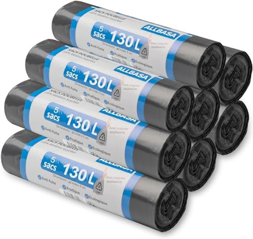 ALLBASA Sac Poubelle ultra résistant, Sacs poubelle à poignées coulissantes,Sacs en Plastique Recyclés Étanchéité maximale (130L(8Paquet))