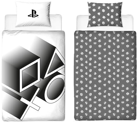 Character World PlayStation - Set copripiumino singolo ufficiale, elasticizzato, reversibile, double-face, con federa coordinata, colore: bianco e nero, in policotone