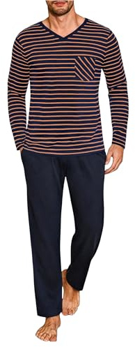 Demegimi Pigiama Uomo Lungo in Cotone Completo Due Pezzi Invernale con Maglia a Righe e Scollo a V Pantaloni con Tasche e Coulisse, Set Notte Caldo e Traspirante