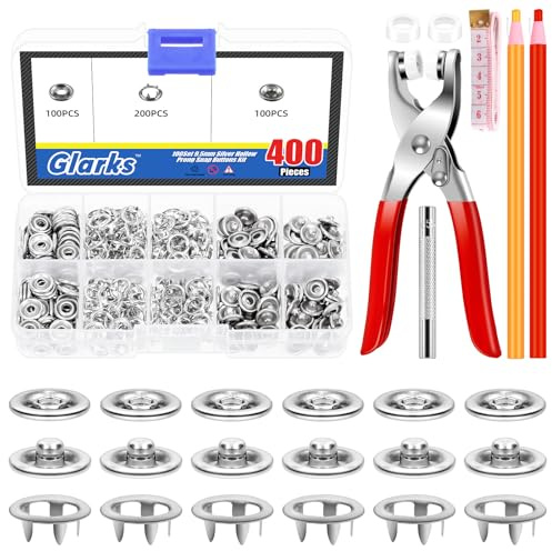 Glarks 407 botones metálicos de 9,3 mm, con herramientas de presión de pinzas de botón, botones de horquilla hueca plateada y herramientas de botón, con cinta métrica y kits de Crayon personalizados