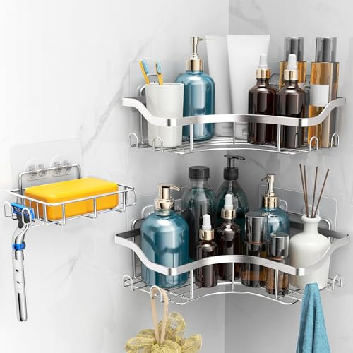 OETAMS Duschablage Ohne Bohren Badezimmer Organizer, 3 Stück Rostfreie Duschregal Ecke Mit Haken Seifenschale, Korrosionsschutz Badregal Duschkorb ohne Bohren Großer Shampoo Halterung, Silber