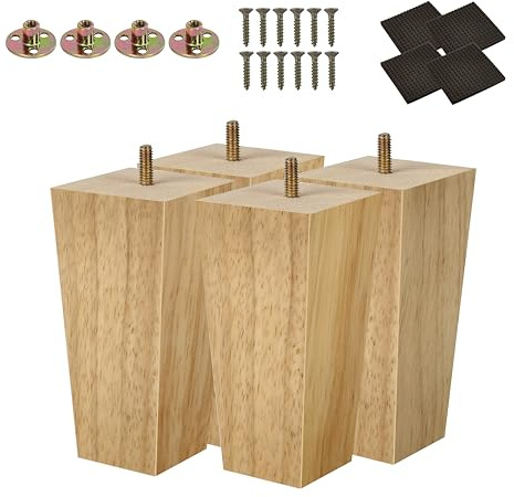 REGAL DISPLAY 12 cm trämöbelben – soffben set med 4-mitten av århundradet moderna fyrkantiga stolsben ersättningsfötter för säng, skrivbord och skåp med M8-bultar (naturlig/12 cm)