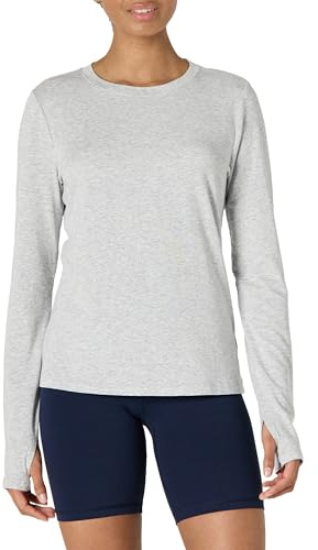 Amazon Essentials Women's Active Soft Cotton Regular Fit Crewneck Long Sleeve Lightweight Yoga Workout T-Shirt, Light Grey Heather, L