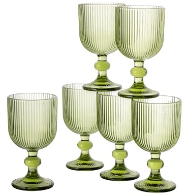 Baroni Home Set 6 pz di Calici in Vetro Colorati e Decorati con Righe in Rilievo 20 CL, Calici Eleganti Lavabili in Lavastoviglie, 8x8x14,5 cm, Verde
