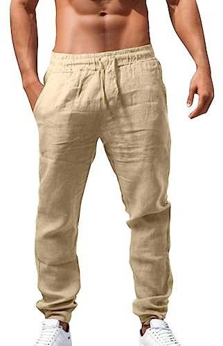 Pantalon Lin Homme Taille Elastique Été Pantalon Coton Lin pour Homme Plage Sport Casual Yoga Toile Pants de Travail Léger Décontracté Coupe Droite avec Cordon de Serrage Poches