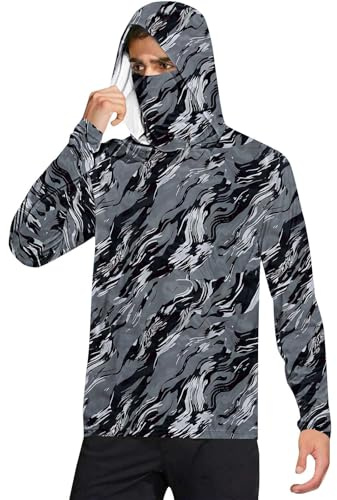 Chemises de protection solaire pour homme avec masque UPF 50+ Rashguard à manches longues pour la pêche, Chemises de protection solaire gris pour homme, XL