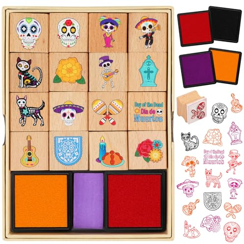 DPKOW Dia de los Muertos Stempeln für Kinder Basteln Geschenk, 16 Hölzern Stempel für Kinder Beschäftigung Dia de los Muertos Drucken DIY Gadget Mitgebsel Totenkopf Stempel Tag der Toten