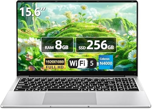 Tunhail Ordinateur Portable 15,6, Celeron N4000 Laptop 8Go DDR4 RAM 256Go SSD, 1920 * 1080 FHD IPS, PC Portable Ordinateur WiFi5/Mini-HDMI/USB3.0/BT4.2/Webcan, Carte TF Développer to 1To