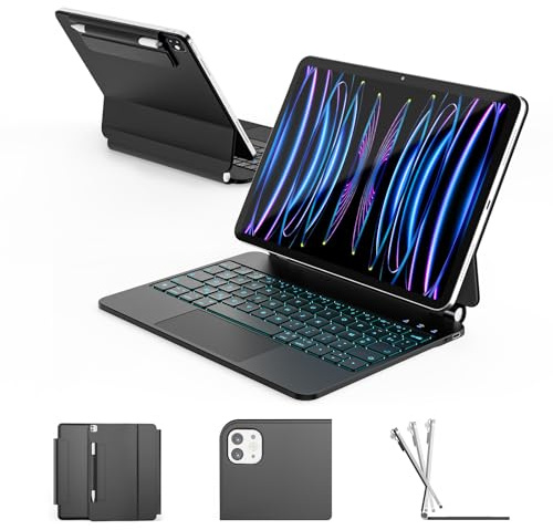 RAYMCRAFT Clavier pour iPad Air 11 Pouces (M4/M3/M2) & iPad Pro 11 Pouces (1re/2e/3e/4e Gén), Magic Keyboard pour iPad Air 5e/4e, Rétroéclairage 11 Couleurs, Smart Trackpad, Boucle pour Stylet, Noir