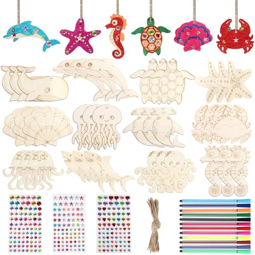 Qichan 87 Pezzi Animali Marini Lavoretti Creativi per Bambini, Decorazioni Marine in Legno da Dipingere con Strass Autoadesivi, Pennarelli Colorati e Corda di Iuta, Kit Lavoretti Creativi per Bambini