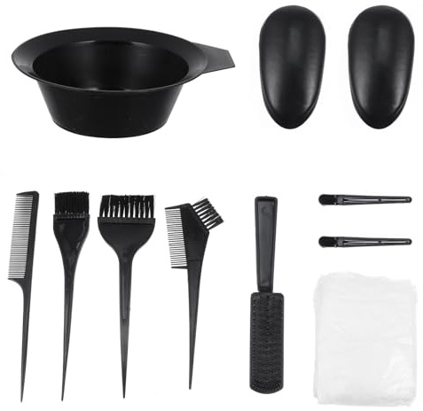 11 Piece Hair Colouring Kit with Brush, Bowl and Comb Black Pp | Ear Covers and Caps, Hair Clip Included, Compact Set for Salon or Home Use
